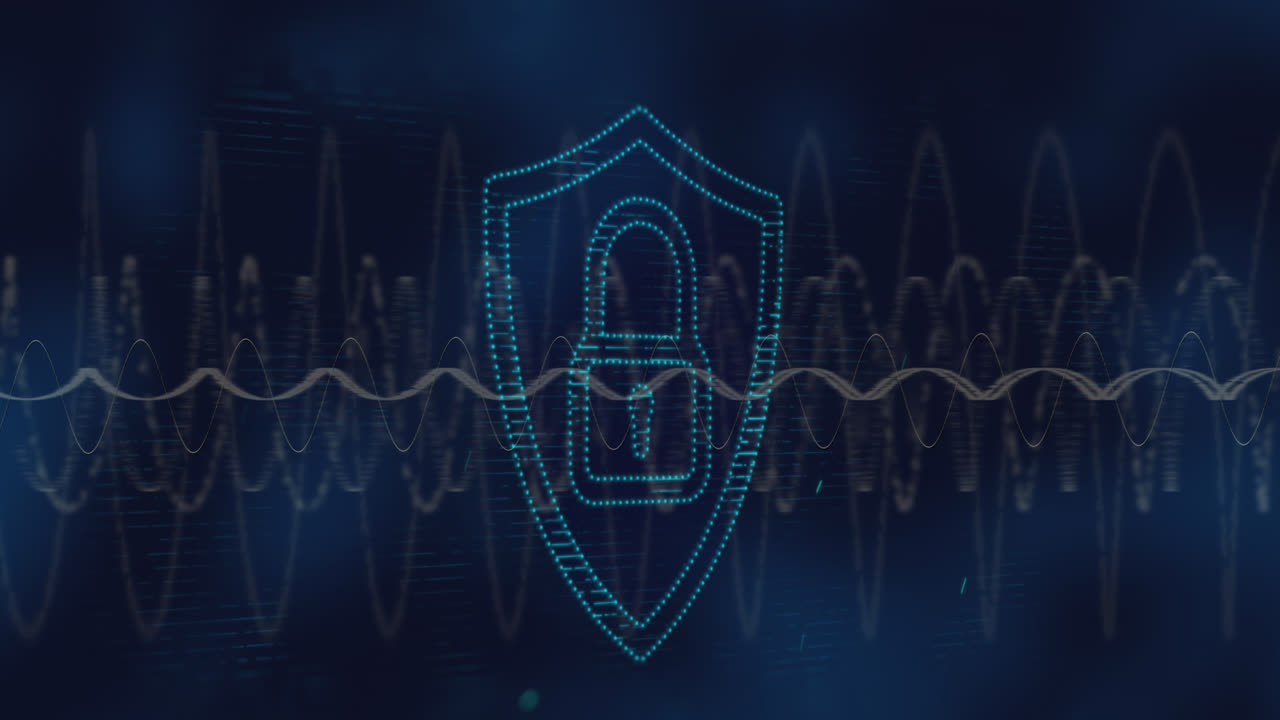 Animation of padlock and data processing over dark background