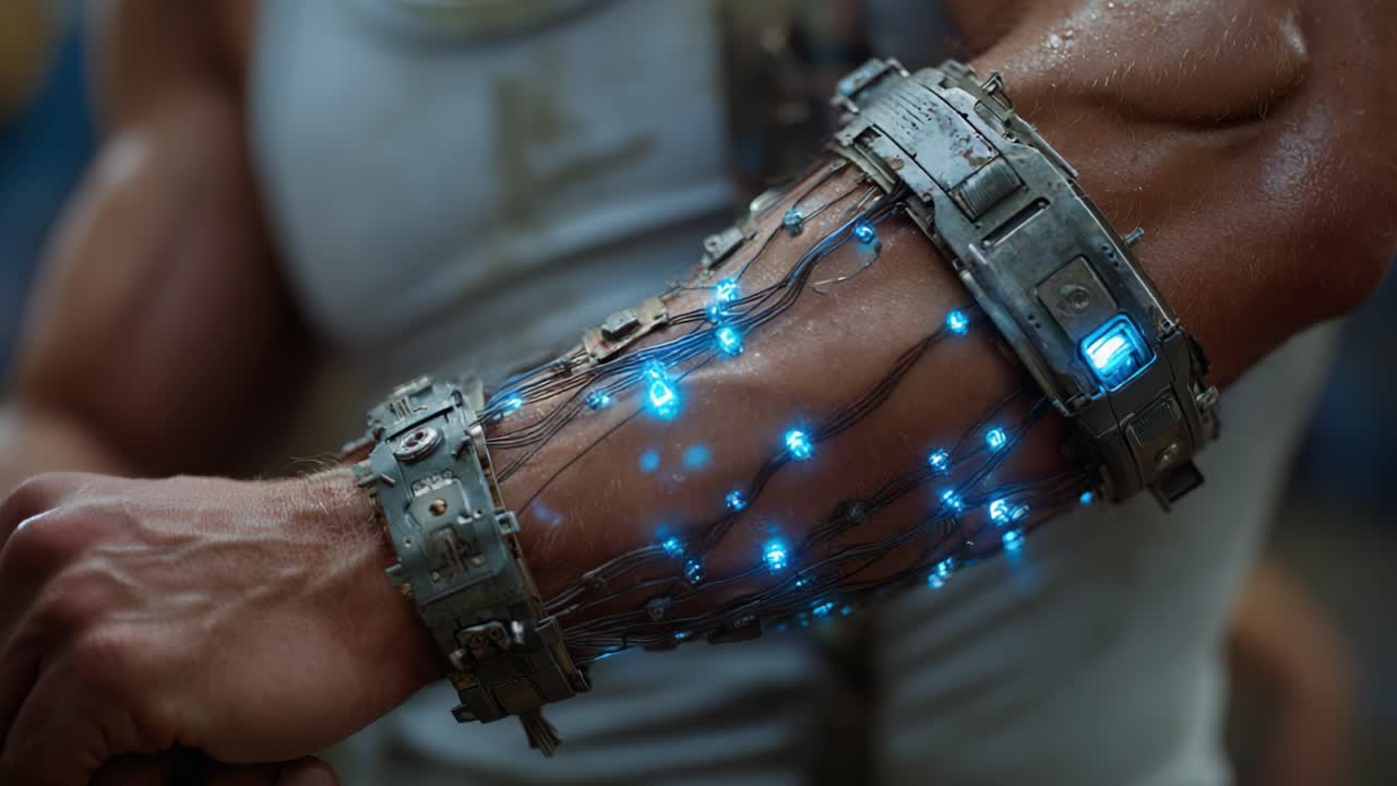 Futuristic Cybernetic Arm Enhancement Displaying Glowing Blue LED Connections and Sleek Mechanical Design in an Engaging Sci-Fi Environment
