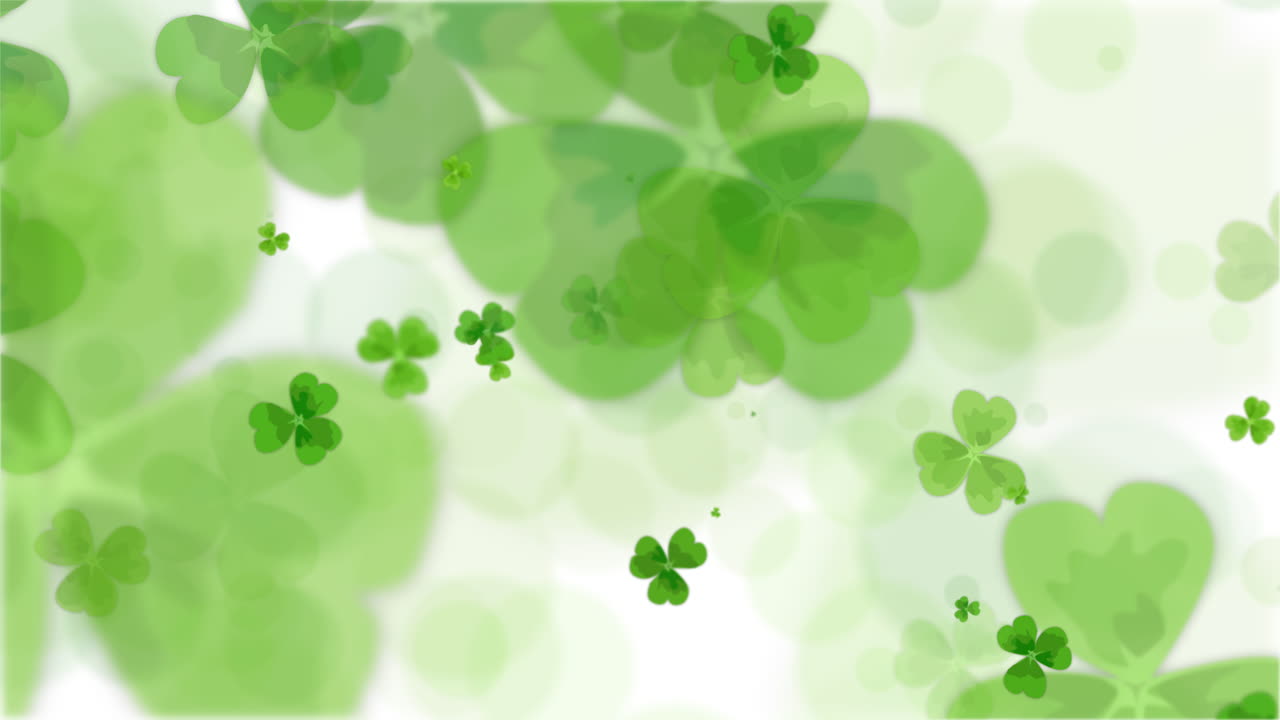 Soft traditional Irish ornament of green clover leaves on a white background. Looped animation. Copy space.