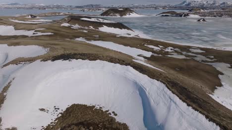 myvatn lake, iceland, revealing drone shot of frozen water and volcanic hills on sunny winter day