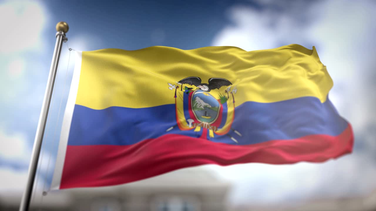 Bandiera dell'Ecuador che sventola al rallentatore, rendering 3D su sfondo cielo blu - Loop continuo 4K
