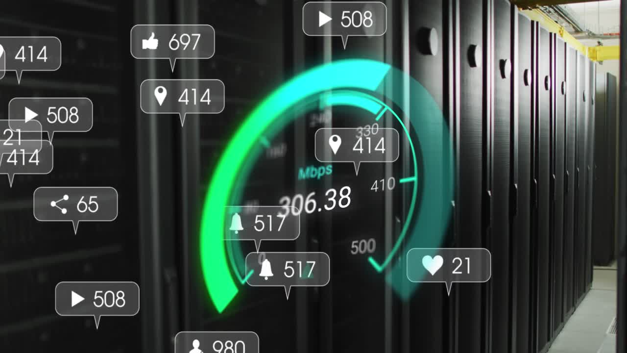 Animation of data processing and server room over speedometer