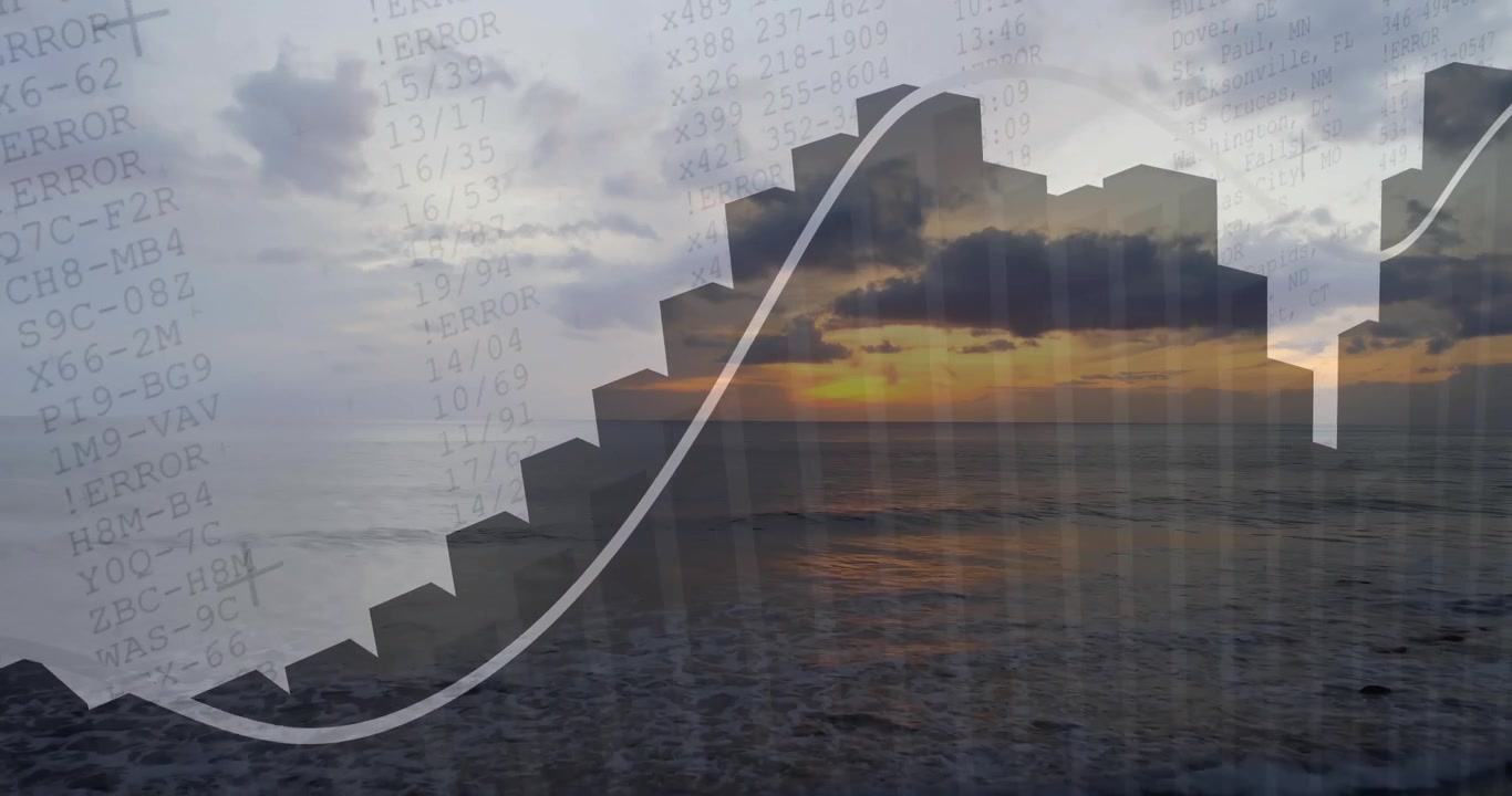Finansdataoverlegg på bakgrunn av solnedgang over havet