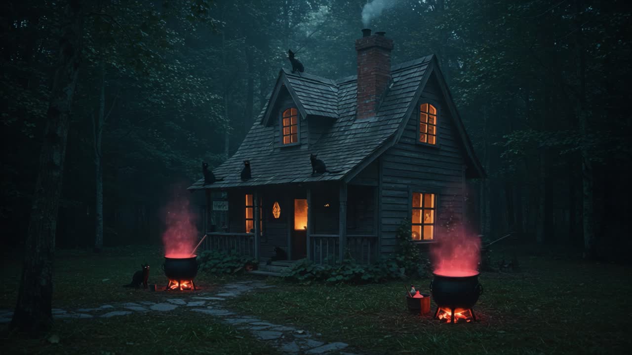A Mysterious Witch's Cottage Surrounded by Enigmatic Forest and Flickering Cauldrons at Dusk, Emanating an Atmosphere of Intrigue and Magic