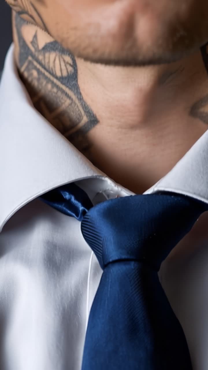 Un hombre tatuado lleva una elegante corbata azul. Se muestra calmado, concentrado y sereno. Su atuendo formal contrasta con tatuajes audaces e intrincados. El traje y la corbata sugieren profesionalismo o autoridad.