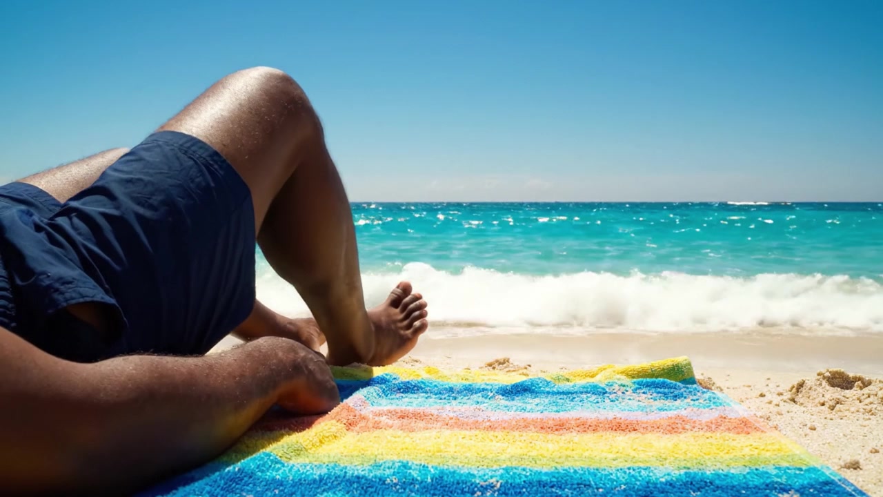 Relaxing by the Shore: A Blissful Moment of Peace on a Beach Towel with Waves Gently Lapping at the Shoreline Under a Clear Blue Sky