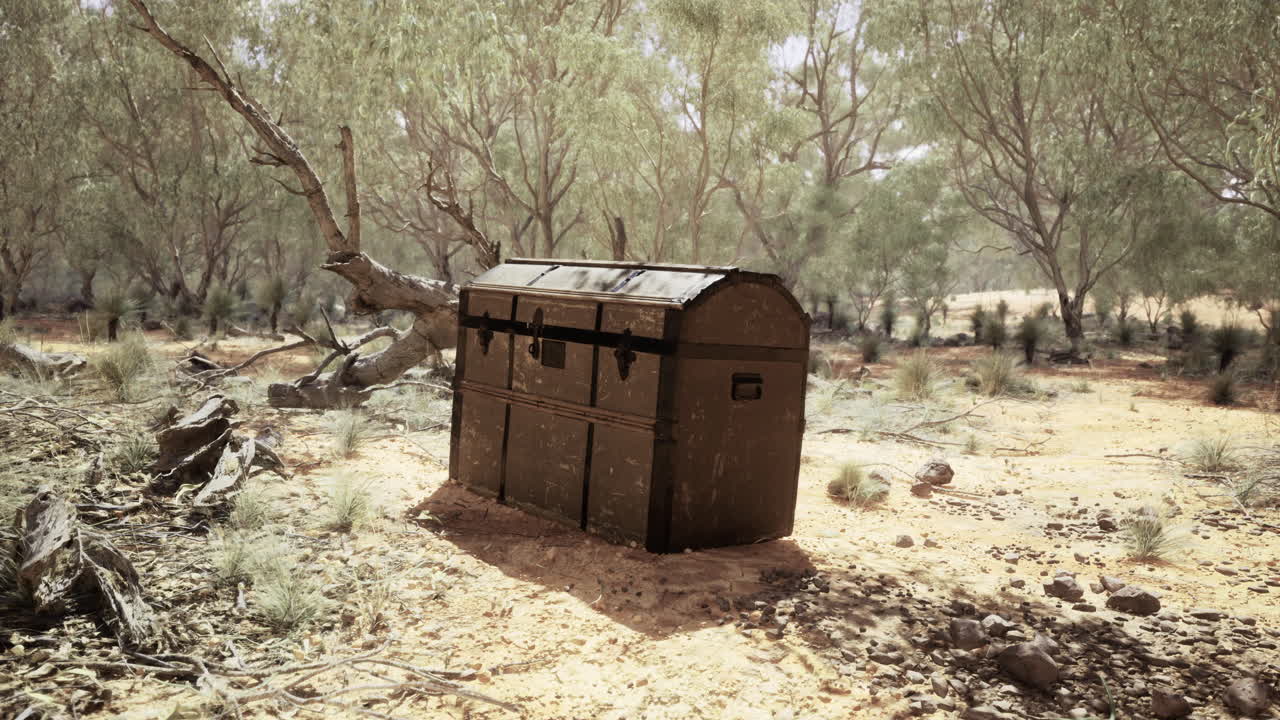 Mysterious treasure chest hidden in a sunlit desert landscape with trees