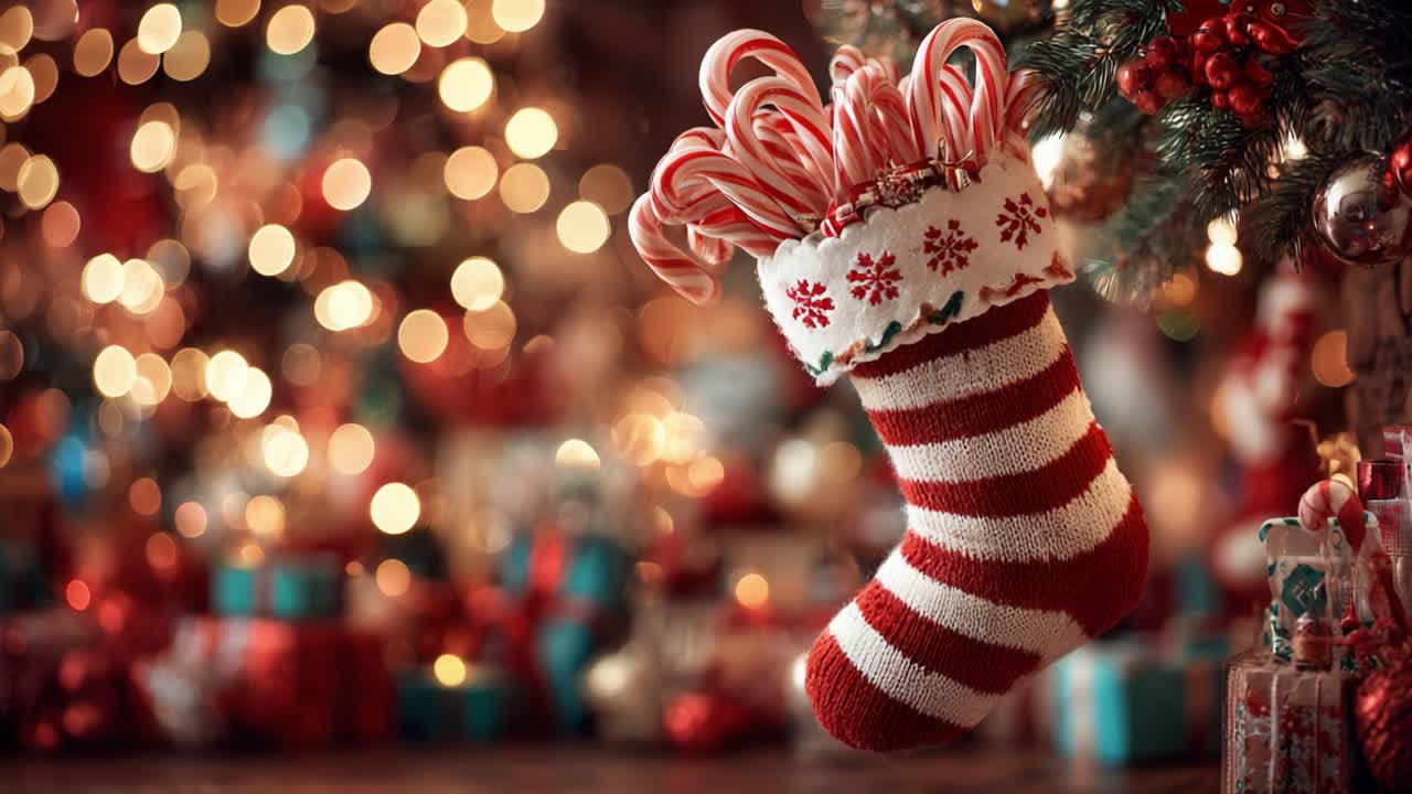 Una calza natalizia piena di bastoncini di zucchero appesa in mezzo a un albero decorato in modo splendido e regali colorati in una calda scena festiva