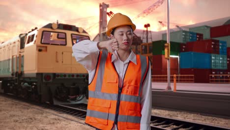 asian female engineer with safety helmet showing thumbs down gesture and shaking her head with freight cargo train at port