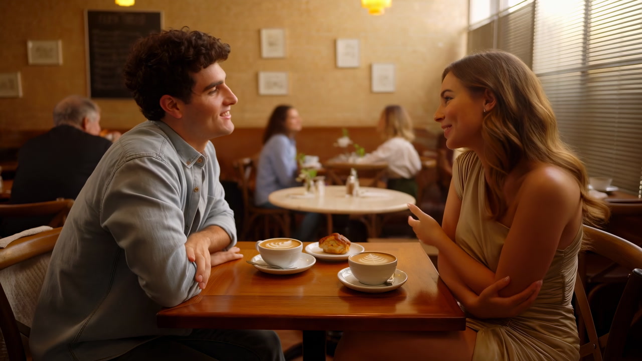 Intimate Cafe Date Between Smiling Couple Sharing Coffee And Pastry Amid Warm Bistro Lighting, Playful