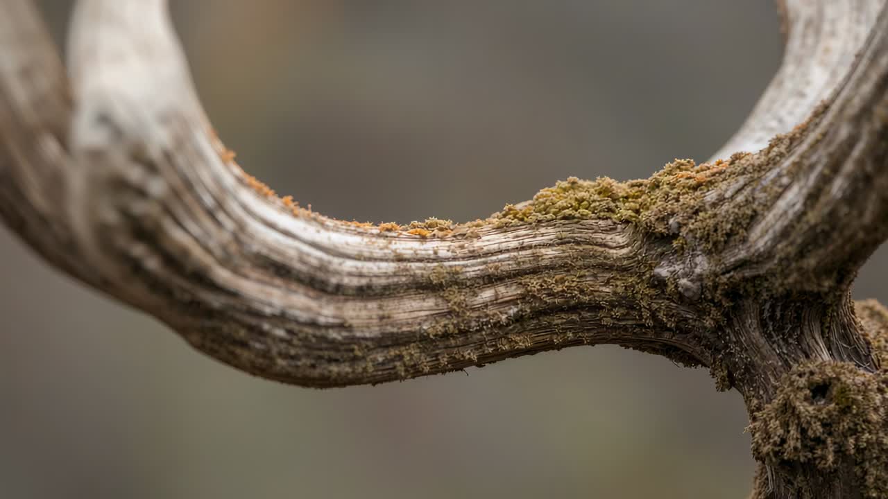 Die Kamera nach vorne schieben, um einen gebogenen, holzigen Stamm zu zeigen, der im Wald feine Rindendetails und einen Moosknoten erhält
