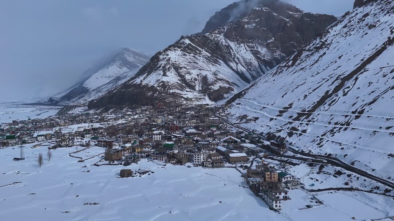 Snowy Mountain Village in Himalayas