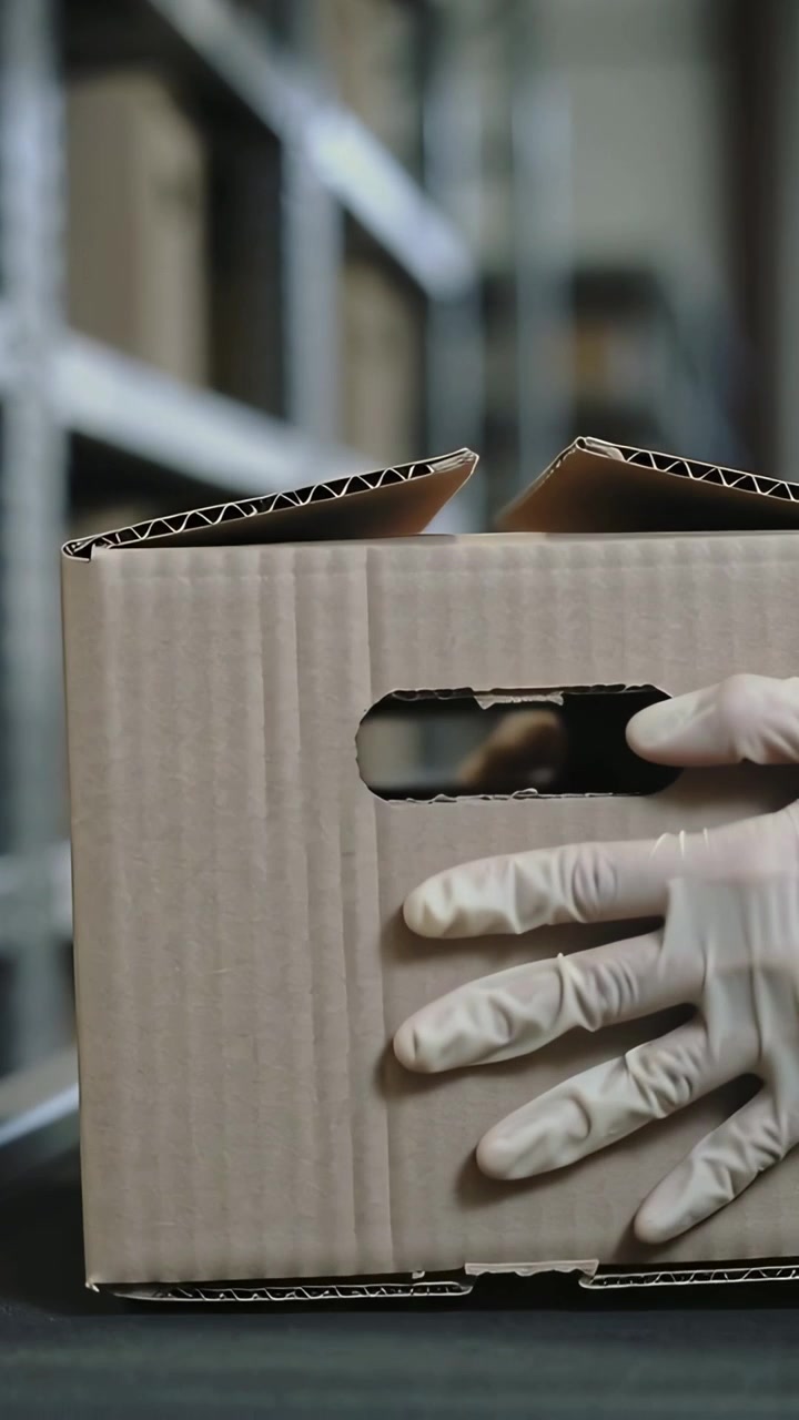Vertical video: Reaching gloved hand lifting box with hand holes from shelf in bay placing on scale
