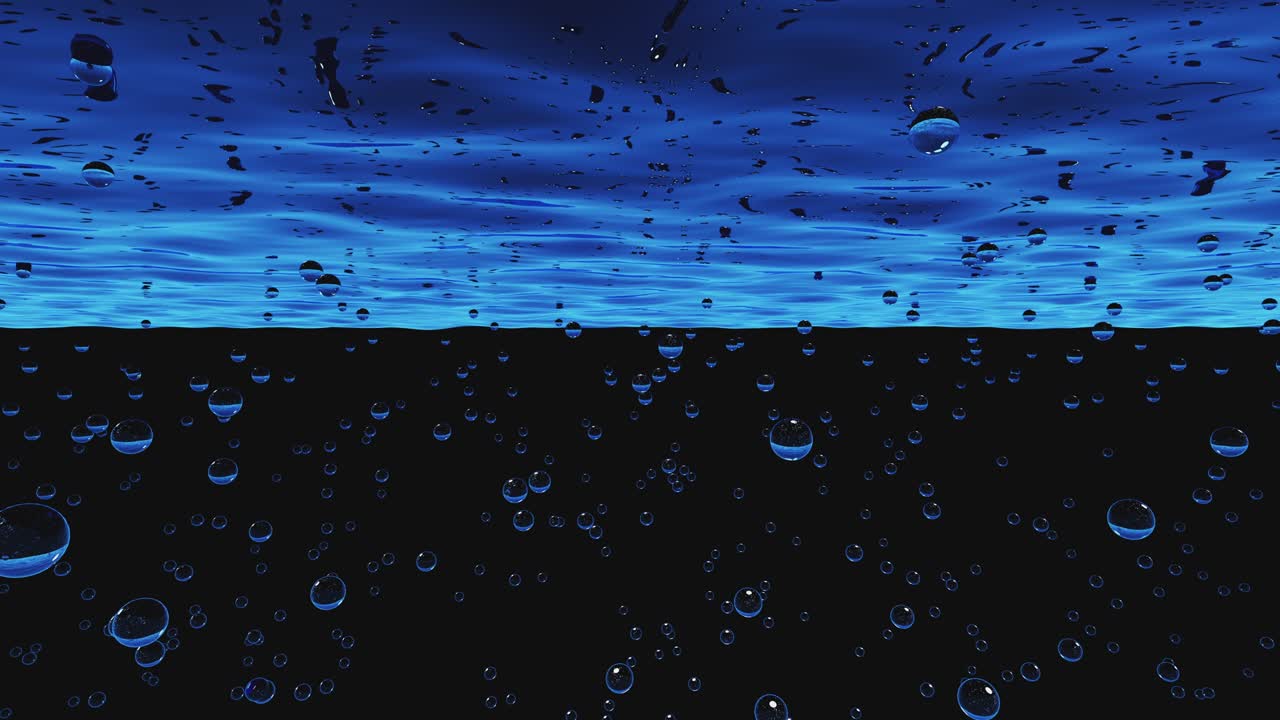animazione 3d di gocce d'acqua che volano nello spazio e cadono sulla superficie del mare