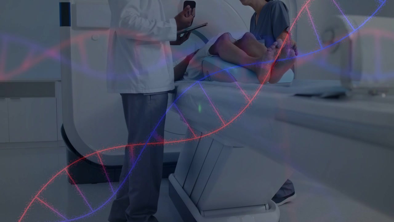 Clinician using tablet nurse adjusting patient on scanner for scan as DNA helix overlaying patient