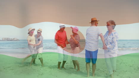 dancing on beach, elderly people enjoying vacation over animation of niger flag