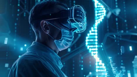 scientist in vr headset interacting with digital dna helix