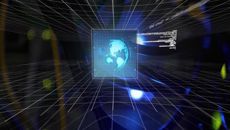 Animation-of-globe,-data-processing-over-digital-grid