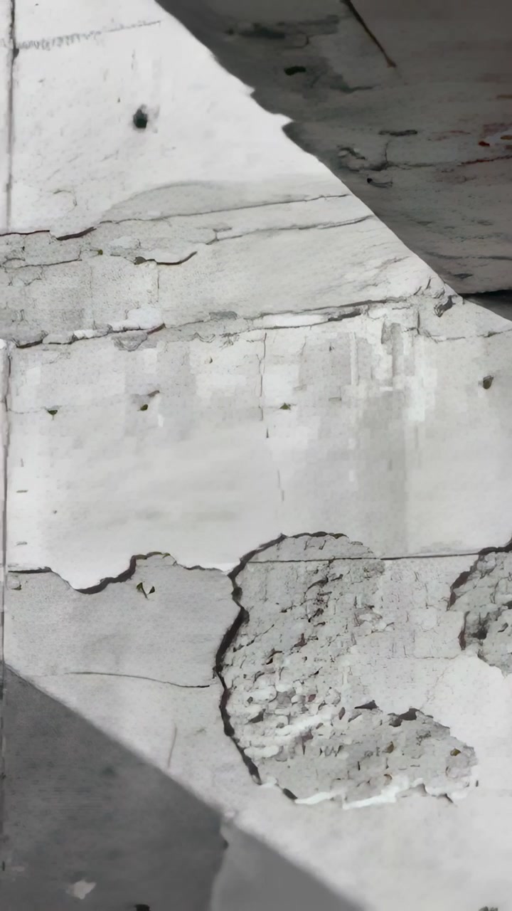 Vertical video: Tilting camera documenting concrete wall under overhang, showing peeling plaster