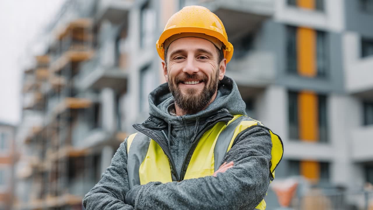 Confident Construction Worker Smiling Amidst Urban Development: Showcasing Safety and Professionalism in Modern Building Projects