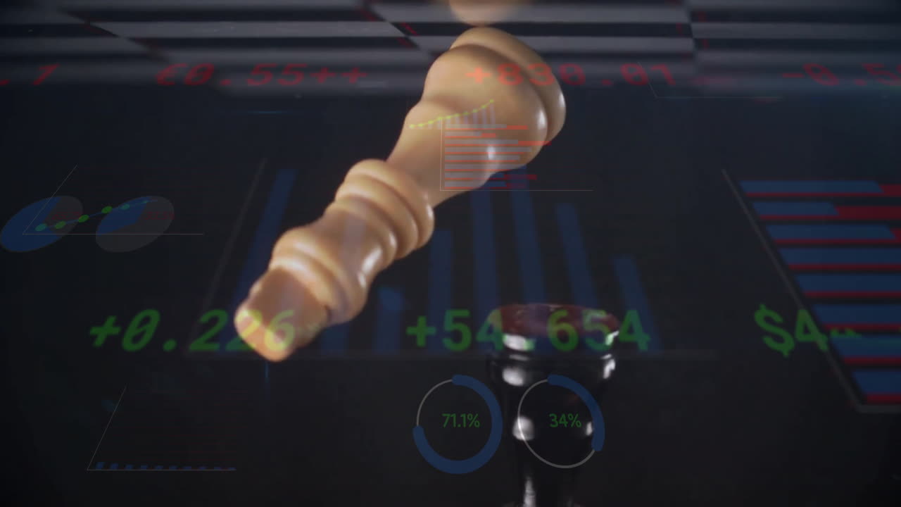 Golden chess king and black pawn being shown in 3D render, featuring holographic financial charts
