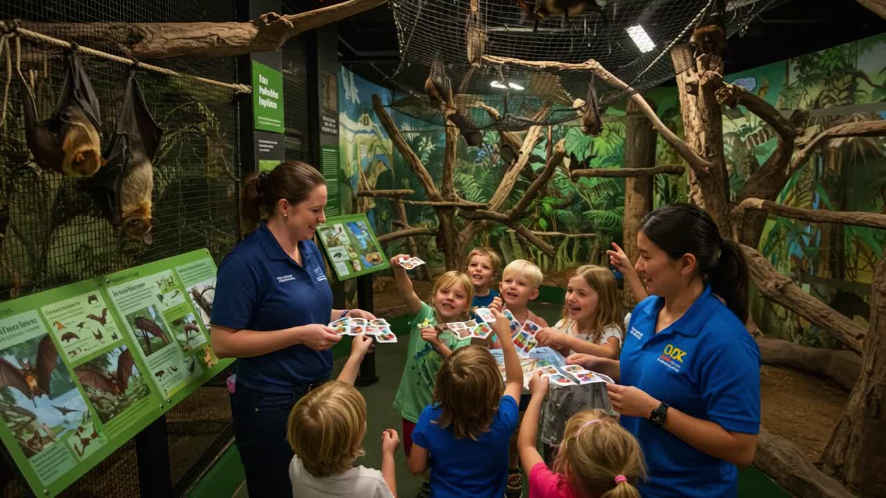 A Fun Educational Experience with Children at a Zoo Exhibit, Learning About Bats and Their Habitats with Engaging Activities and Informative Displays