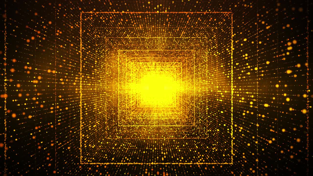 추상적인 디지털 터널 사각형과 미래의 매트릭스 황금 입자, 기술 및 관련 운동 배경, 원활한 루프 3d 렌더링