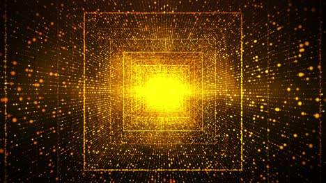 abstract digital tunnel square with futuristic matrix golden particles. technological and related motion background. seamless loop 3d rendering