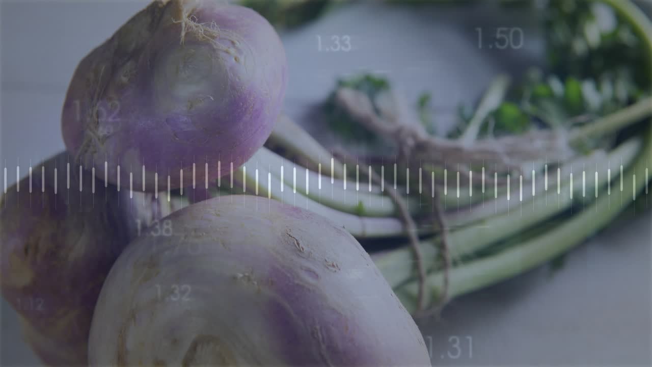 Bølgeformbånd med orange pulserende hak, der danner spidser og tal, som toner ud og viser majroedata