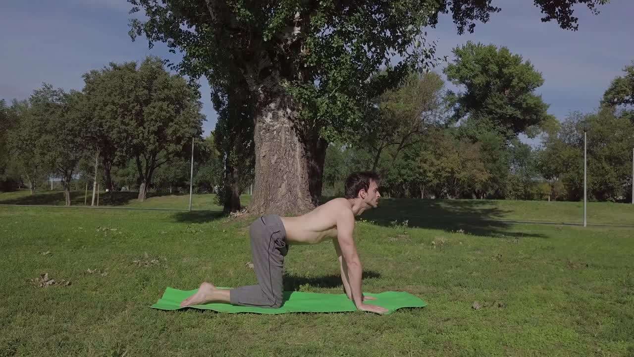 hermosa instructora de yoga está haciendo ejercicios de yoga en la naturaleza estirando el cuerpo en el suelo concentrado en la práctica