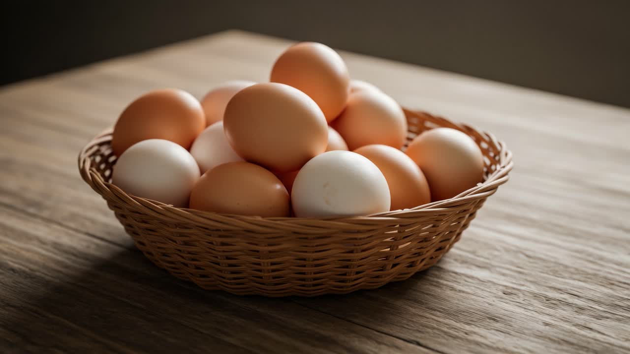 A Beautiful Display of Fresh Brown and White Eggs in a Woven Basket on a Rustic Wooden Table, Perfect for Breakfast or Culinary Preparations