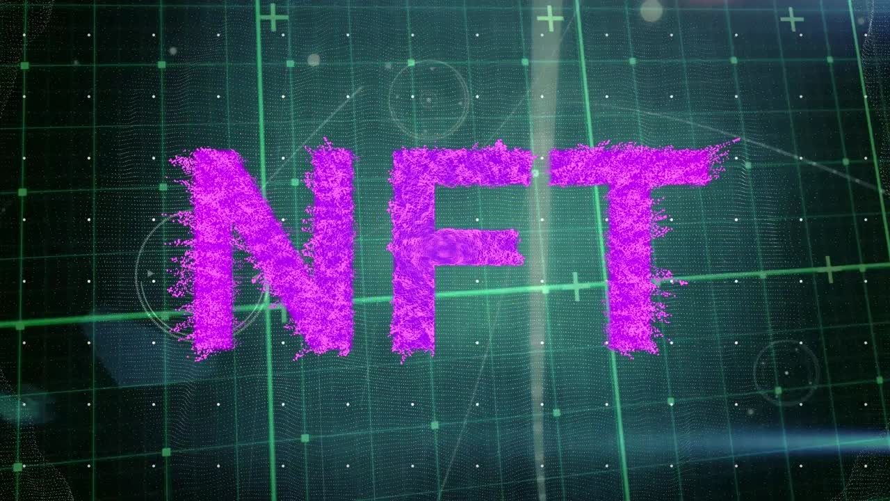 Animation of nft text banner over grid network against network of connections on black background