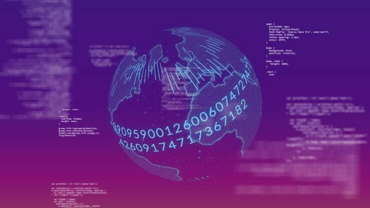 Rotating globe with numbers and coding animation over purple gradient background