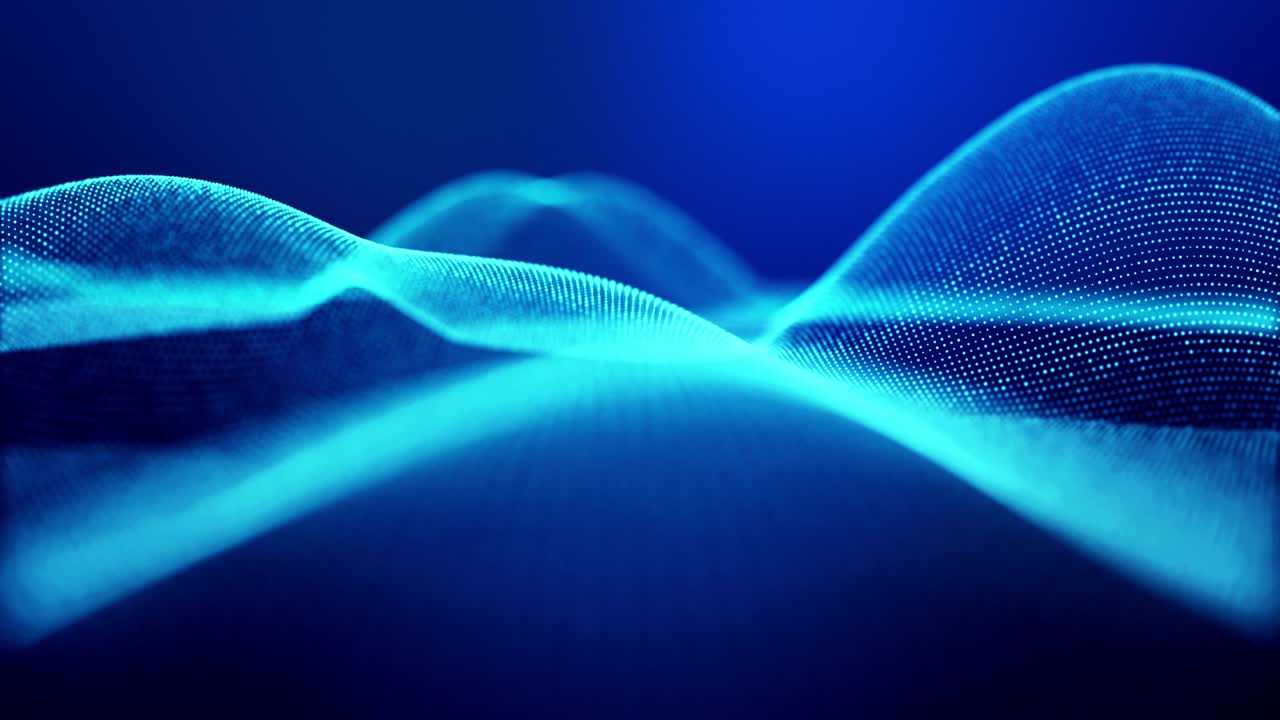 4k looped abstract background of glow particles form lines, surfaces as futuristic landscape in cyberspace or hologram. Sci-fi theme of microworld, nanotechnology or cosmic space. Blue 5