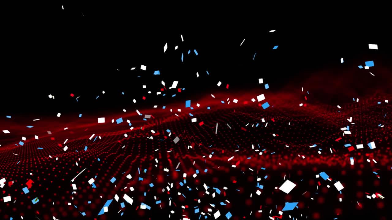 Animation of red, white and blue confetti falling over red landscape on black background