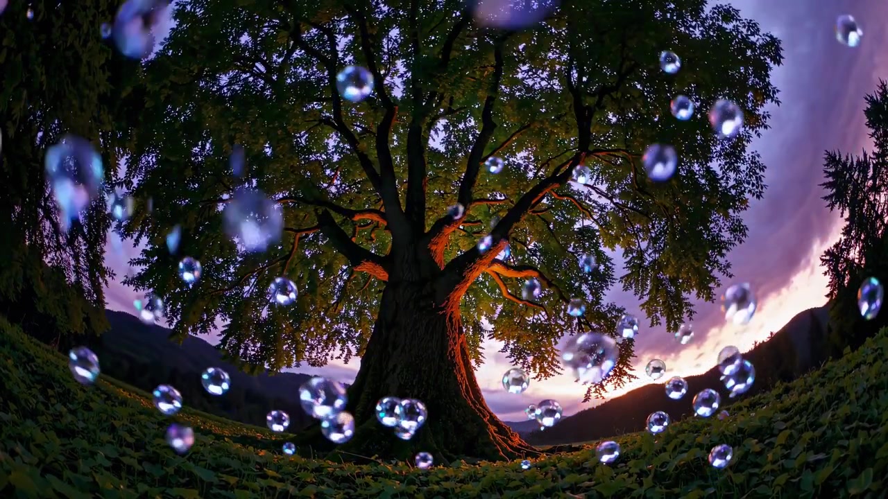 Bolle fluttuanti che passano davanti a un grande albero antico al tramonto