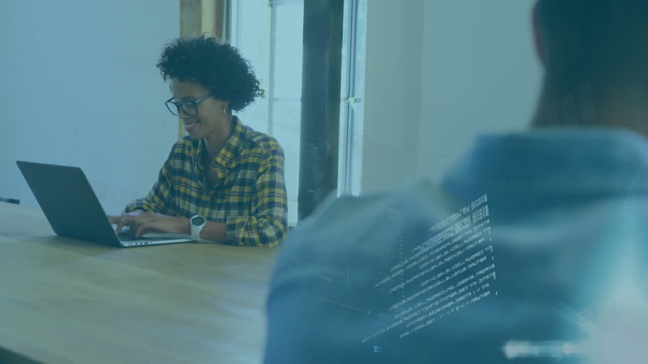 Animation of data processing over diverse business people in office