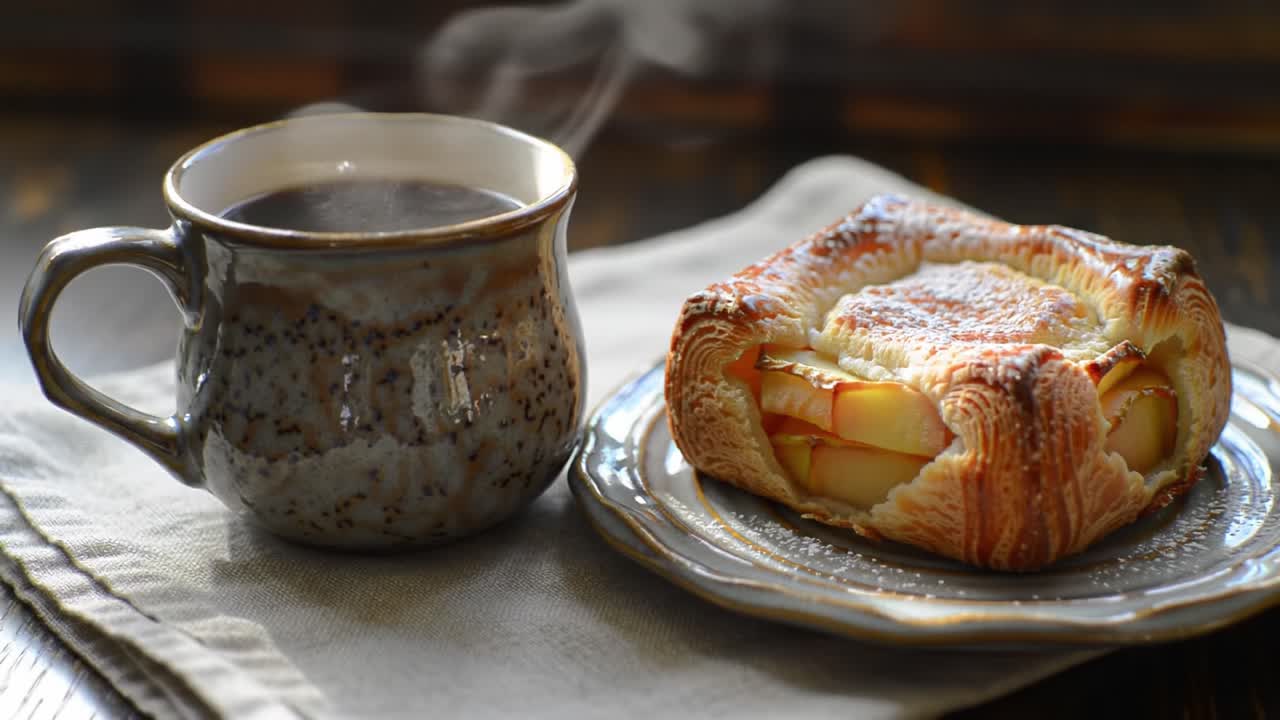 A Warm Cup of Coffee Accompanied by a Delicious Apple Pastry, Creating a Cozy Atmosphere Perfect for Enjoyment and Relaxation Amidst the Morning Light