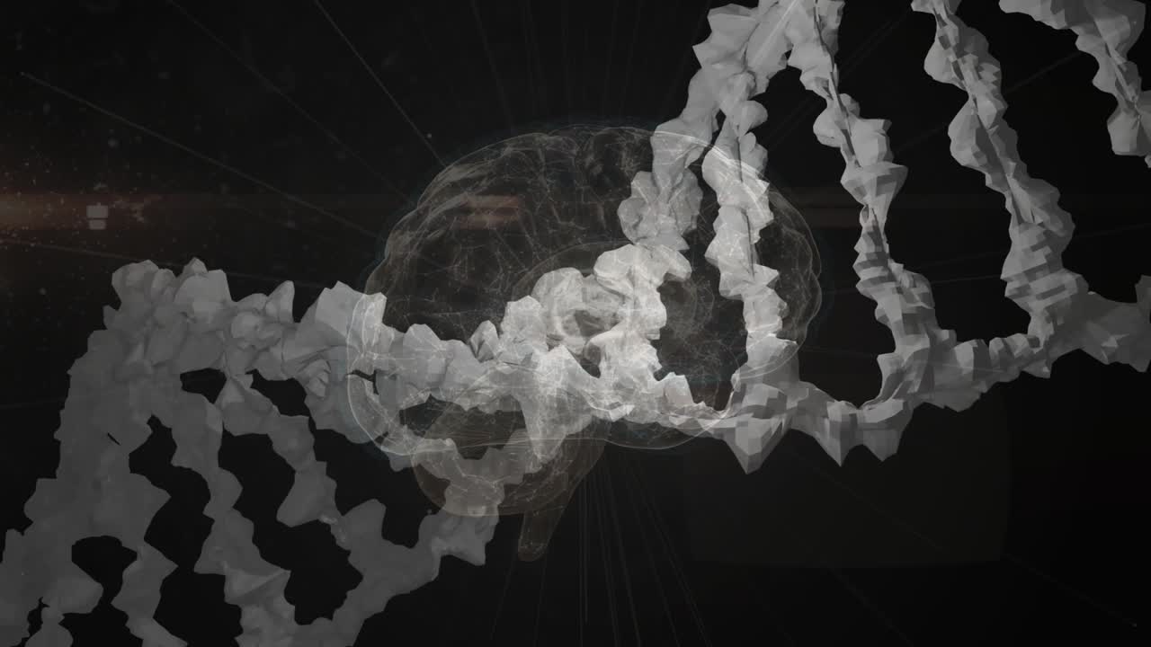 Elica di DNA 3D bianca che fluttua da sinistra avvolgendosi attorno a un cervello rotante visualizzando la connessione genetica