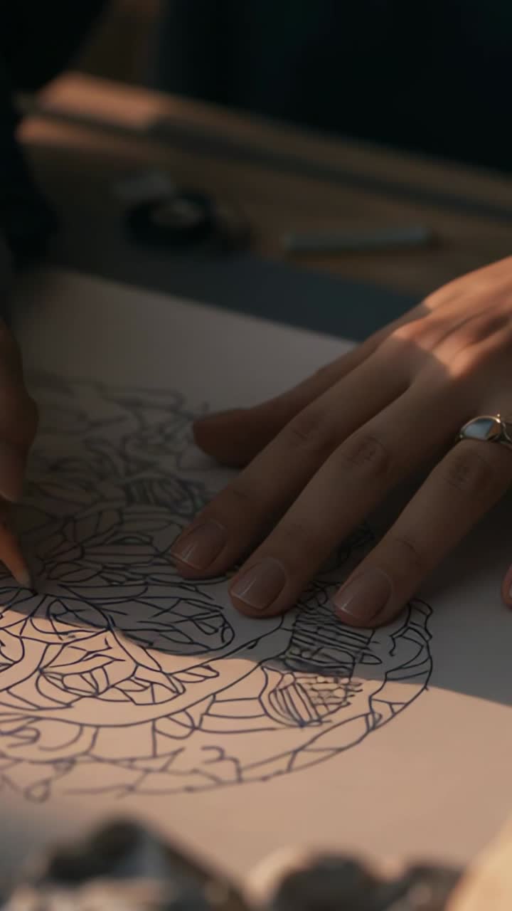 Vertical video: Steadying paper, artist hands drawing skull design at art desk, with pencil ruler