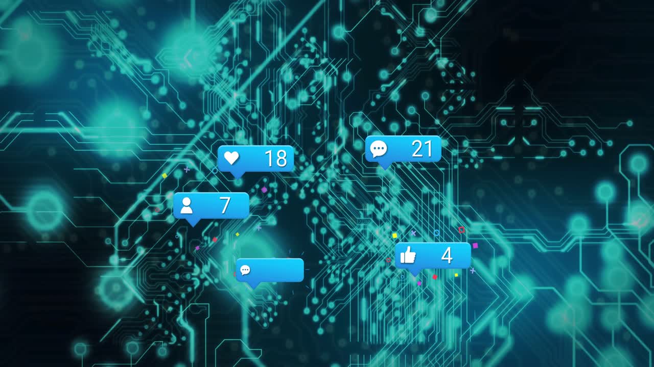 Circuit network lighting cyan lines causing blue icons emerging, pulsing showing engagement growth