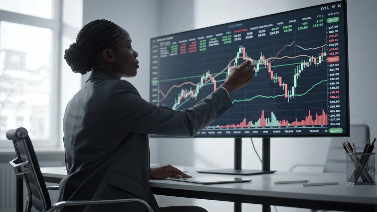 Analisi delle Tendenze e dei Grafici del Mercato Azionario su un Monitor Moderno: Un Investitore Concentrato che Monitora i Dati Finanziari per il Processo Decisionale Strategico.