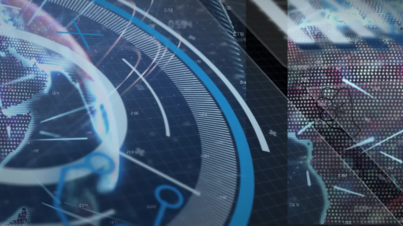 Animation of light trails over interface with data processing against blue background