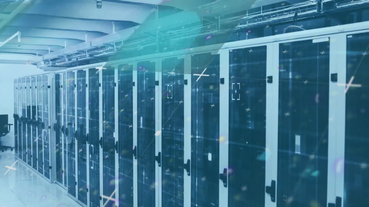 Animation of lines flickering and markers moving over computer servers in background