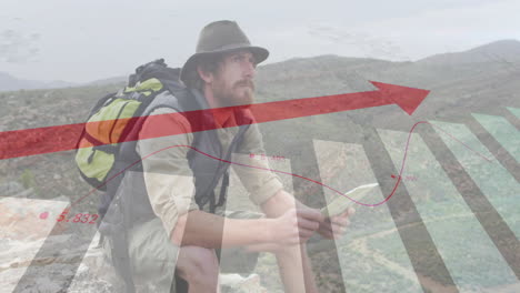 animación de procesamiento de datos financieros sobre hombre caucásico leyendo mapa en las montañas