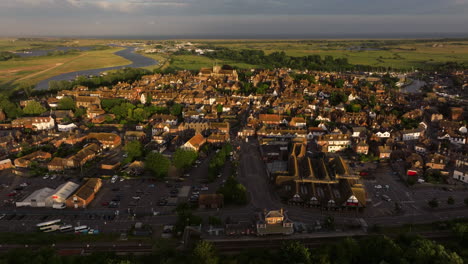 Ancient Well-preserved Town Of Rye During Sunset In East Sussex, England, UK. Aerial Drone Shot