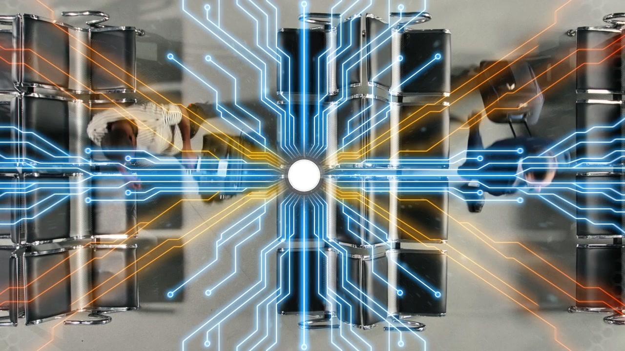 Walking in modern airport, autonomous technology overlay graphics HUD