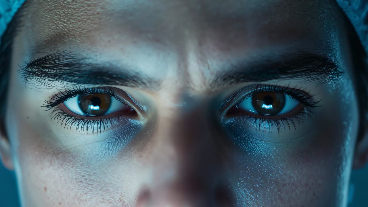 Camera rolling, man holding gaze, focusing, eyes showing ring light and towel in studio closeup