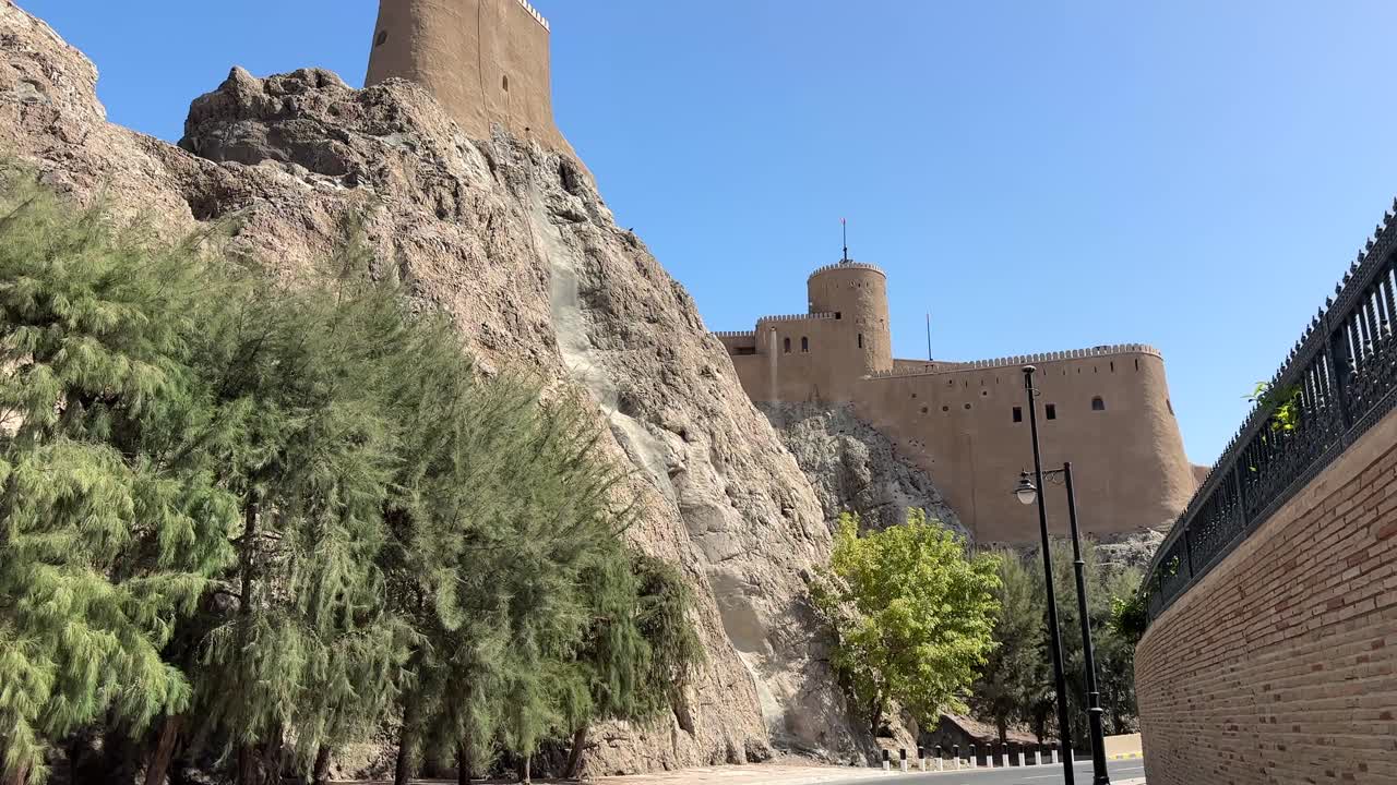Muscat Fort 4K Historic Portuguese Fortress Al Mirani Al Jalali Sultanate of Oman Gulf Middle East Landmark Footage