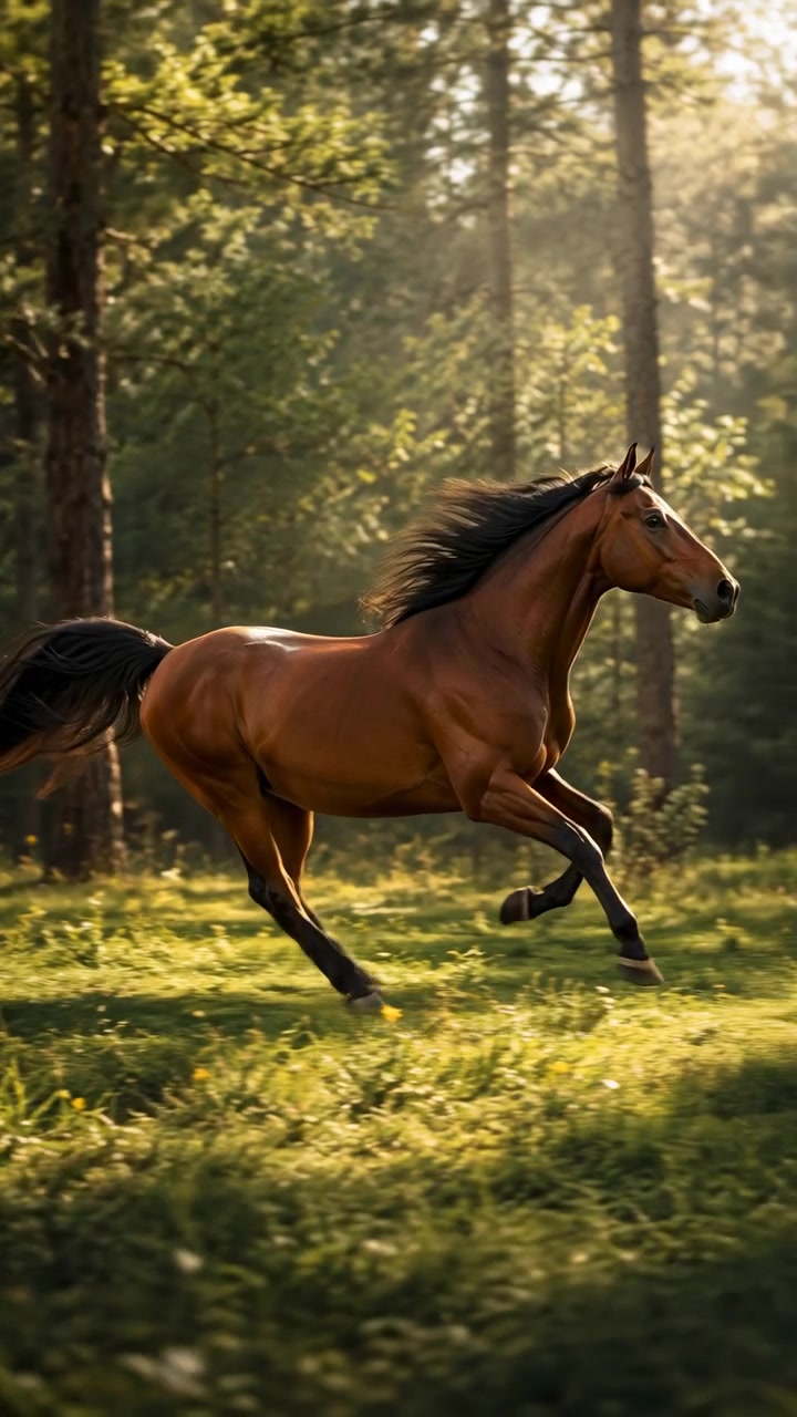 Vista laterale di un cavallo marrone che corre a gran velocità tra alti tronchi di foresta, con le zampe che si estendono ad ogni falcata, mentre criniera e coda retroilluminate catturano la morbida luce solare dorata sopra il terreno verde
